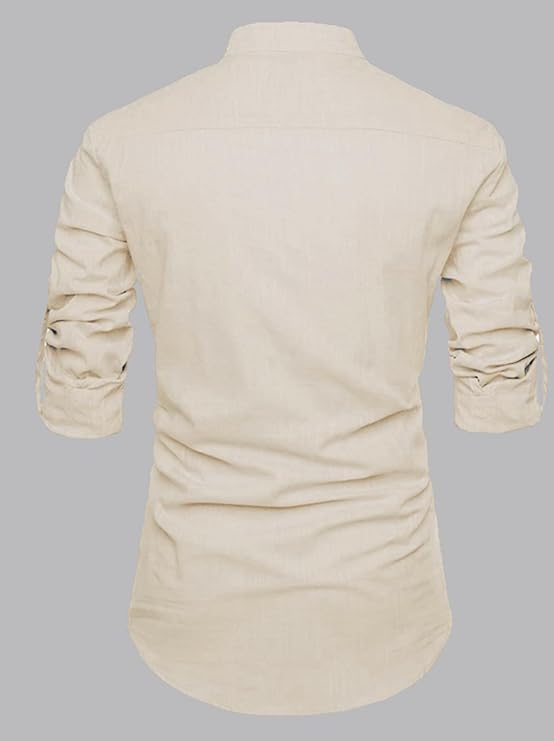 DEELMO Men's Cotton Blend Mandarin Collar Self One Design Full Sleeve Casual Short Kurta