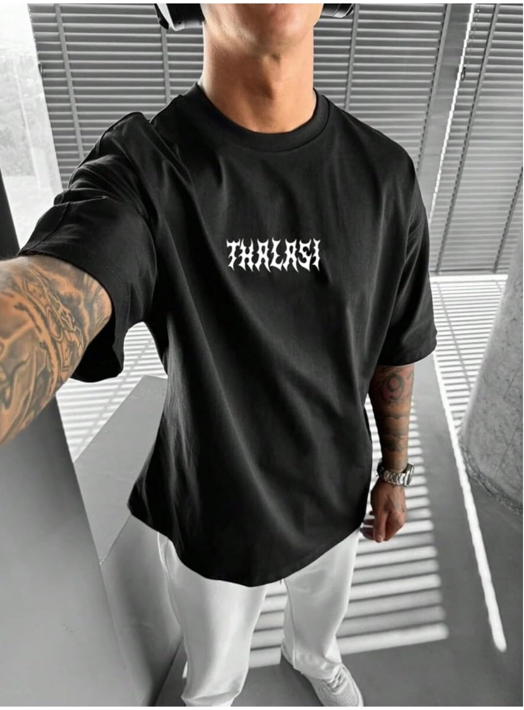 THALASI Men Cotton Printed Aesthetic Oversized Tshirt for Men - Black T Shirt for Men Stylish | Half Sleeve Oversize Fit Round Neck Tshirts - Down Shoulder & Baggy Fit Korean Tshirts for Man & Boys