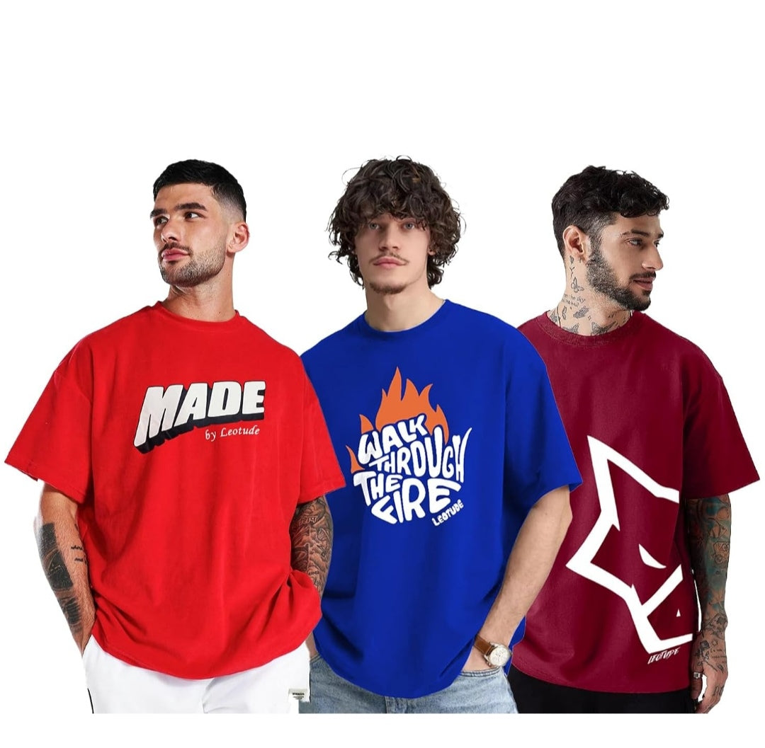 LEOTUDE Men's Cotton Regular Fit Half Sleeve Oversized Tshirt, Round Neck Longline Drop Shoulder | ful Printed Combo T-Shirt (Pack of 3)