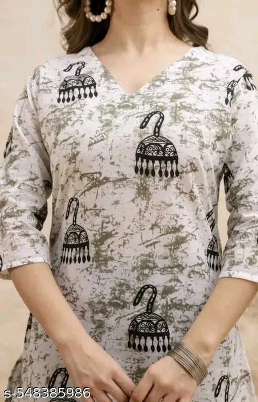 Ghanti-Floral Printed 3/4 Sleeve Short Kurta Hip Length Casual Party Daily Wear