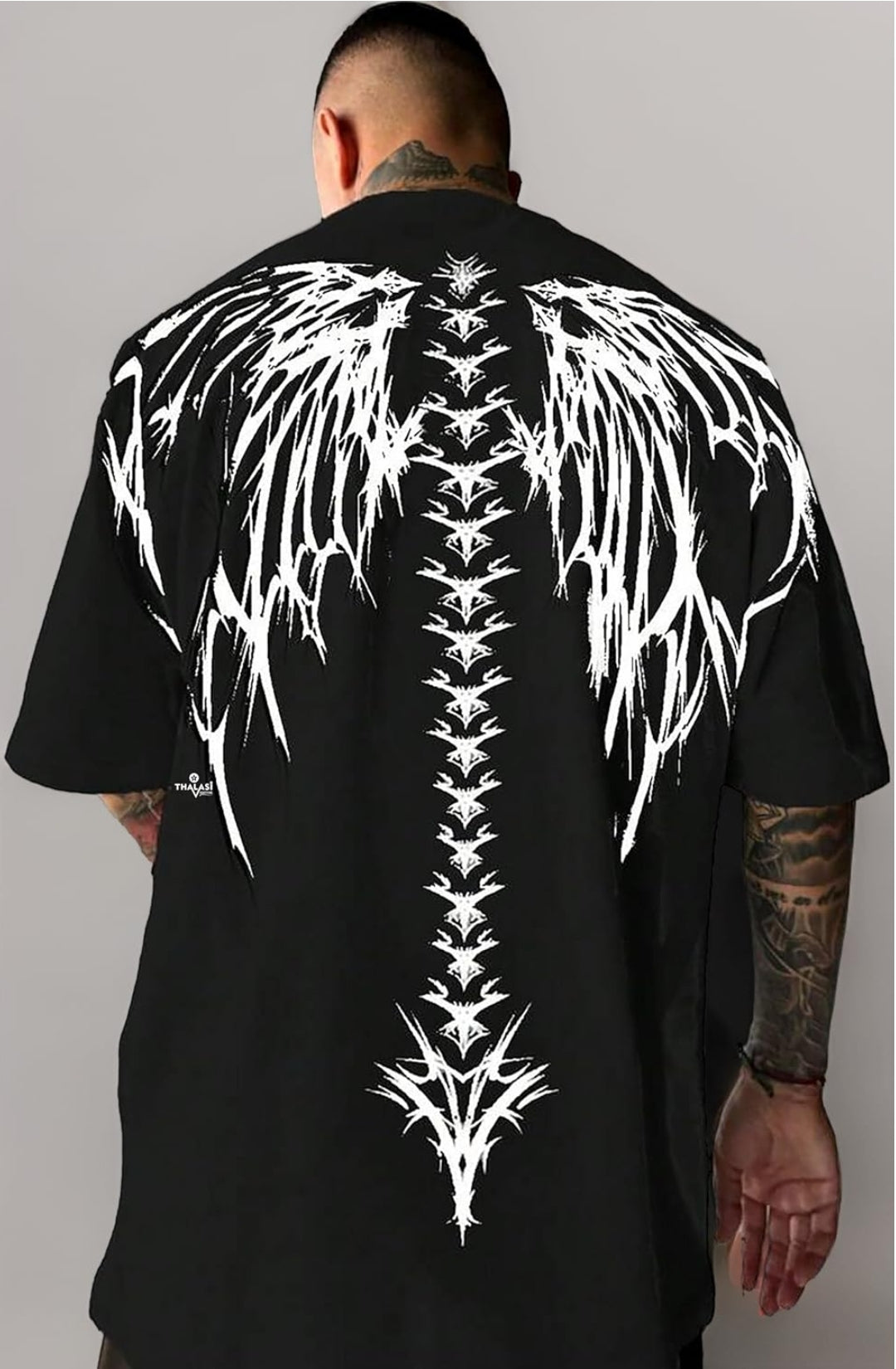 THALASI Men Cotton Printed Aesthetic Oversized Tshirt for Men - Black T Shirt for Men Stylish | Half Sleeve Oversize Fit Round Neck Tshirts - Down Shoulder & Baggy Fit Korean Tshirts for Man & Boys