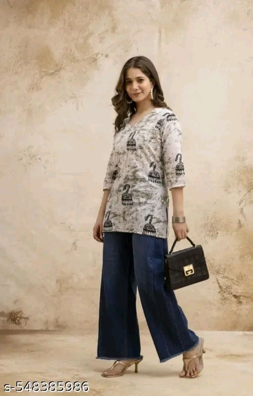 Ghanti-Floral Printed 3/4 Sleeve Short Kurta Hip Length Casual Party Daily Wear
