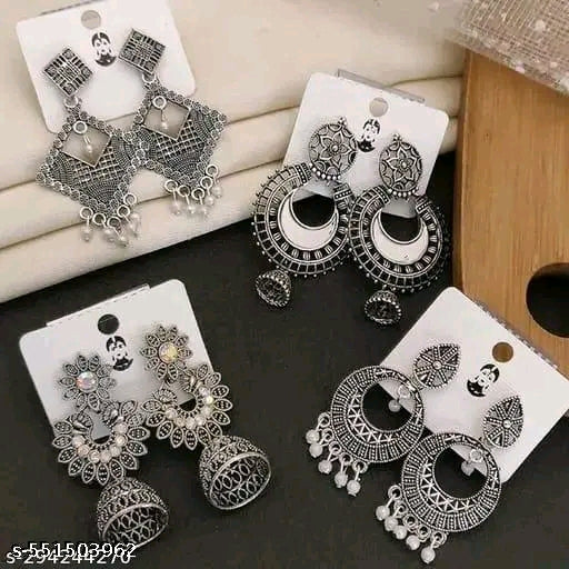Combo of 4 Pair New Latest Design Drop & Dangles Hoop Jhumki Oxidised Silver Earrings for women/girls